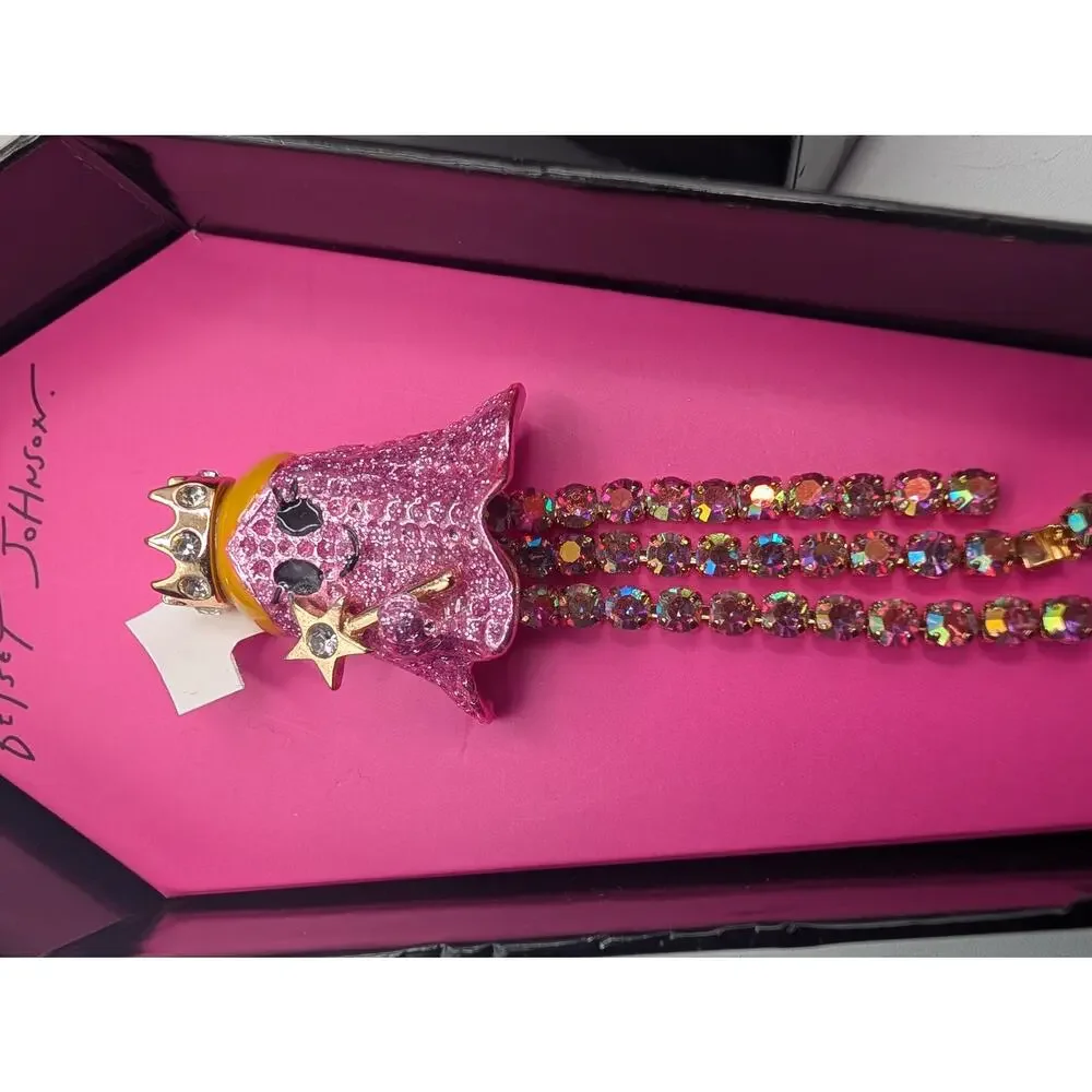 Betsey Johnson Pink Glitter Ghost Brooch Pin Crown Wand Rhinestone Dangle Coffin